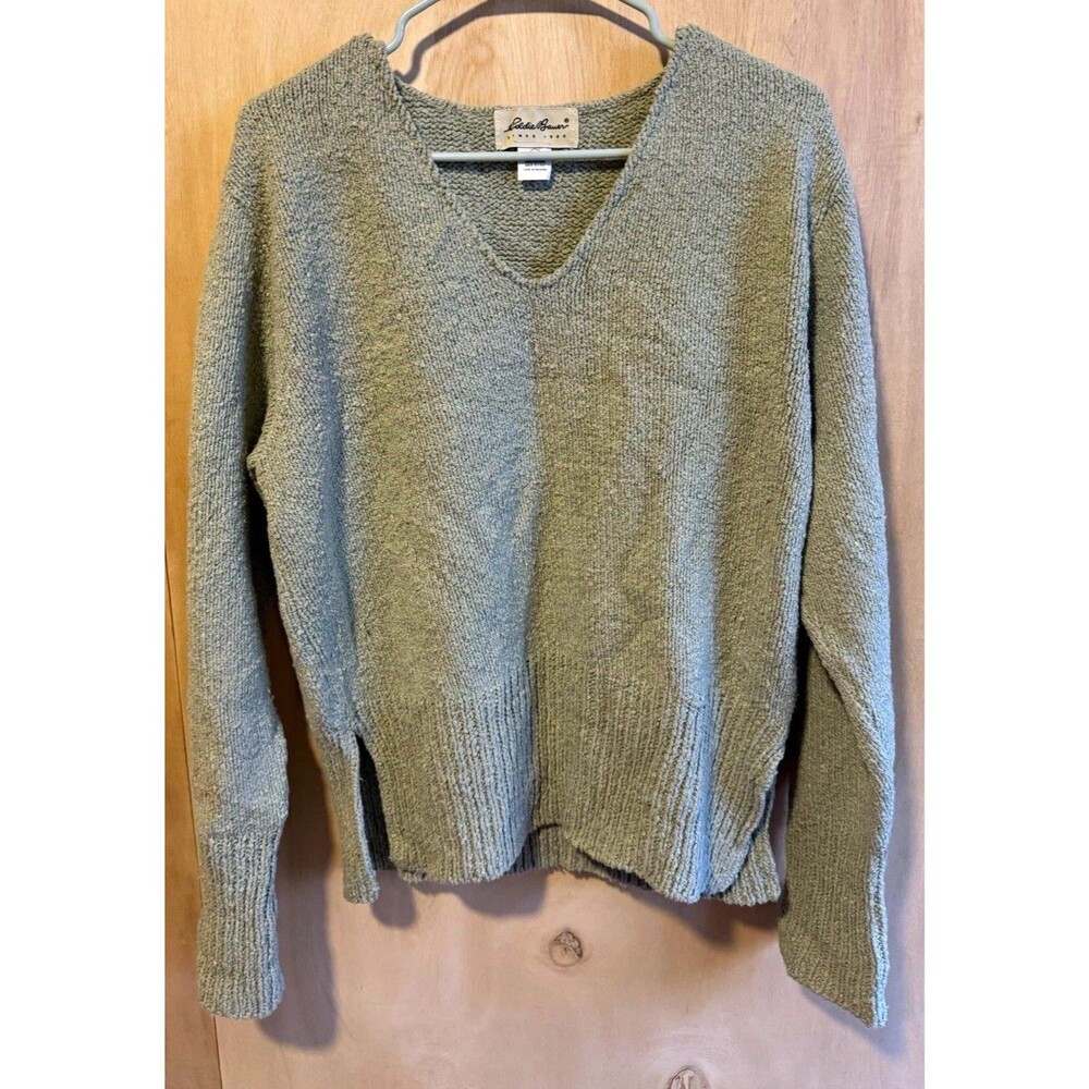Vintage 90s Eddie Bauer Womens M Sage Green Boucle V-Neck Sweater Cotton USA